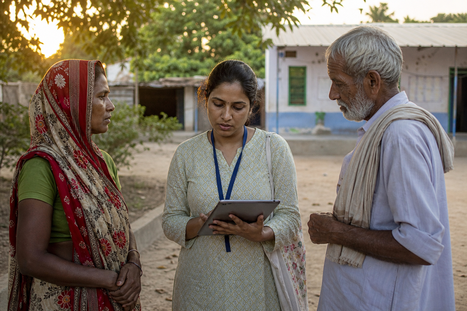 A field officer recording programme data with community members in a rural Indian village