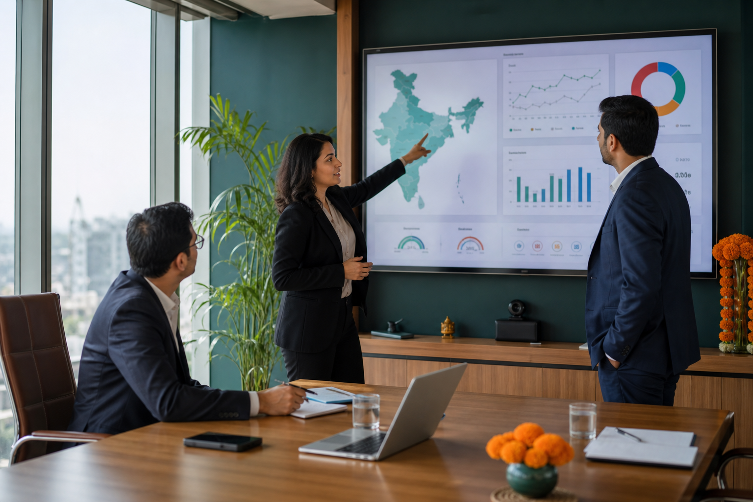 An Indian corporate CSR team reviewing programme data on a boardroom display